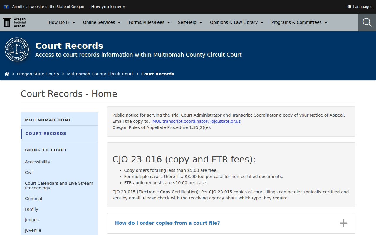 Multnomah County criminal court case records order page