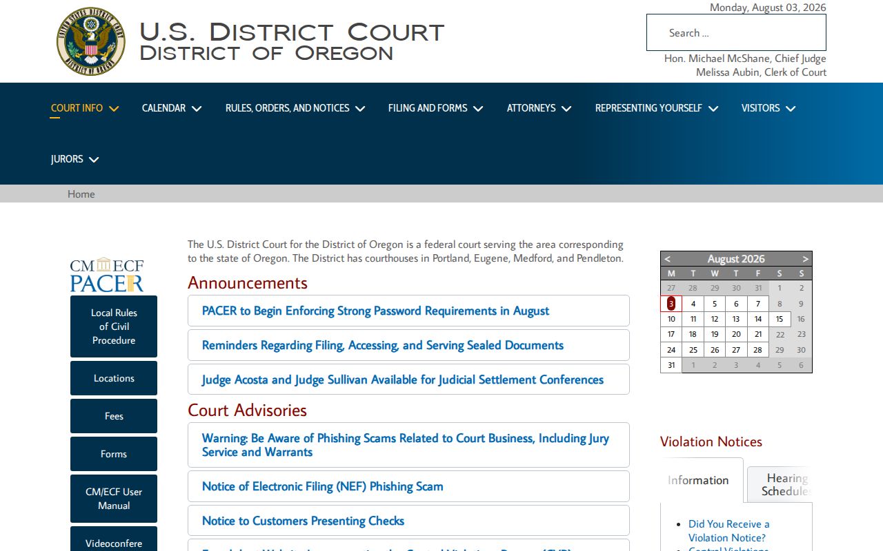 United States District Court for the District of Oregon official page