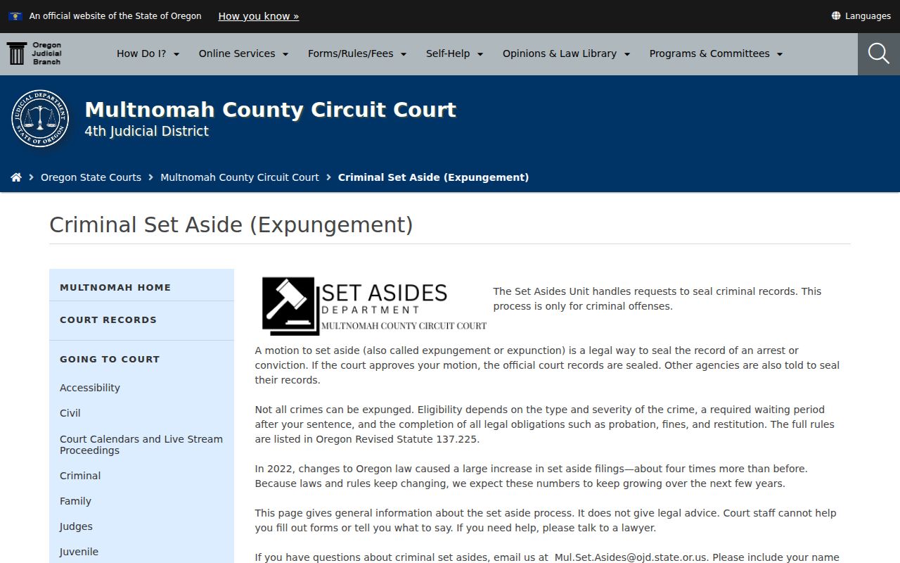 Multnomah County Circuit Court Set Asides Unit information