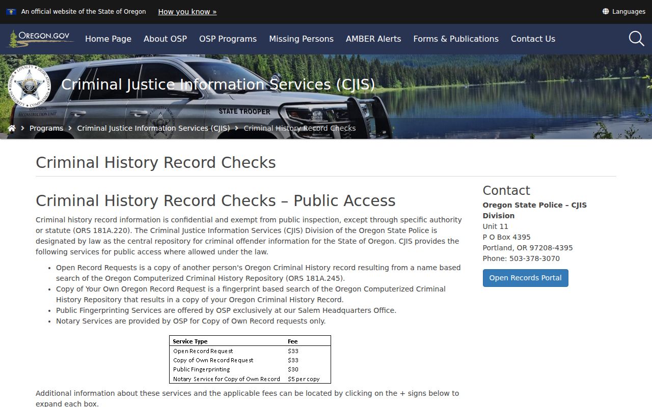Oregon State Police criminal history record check instructions