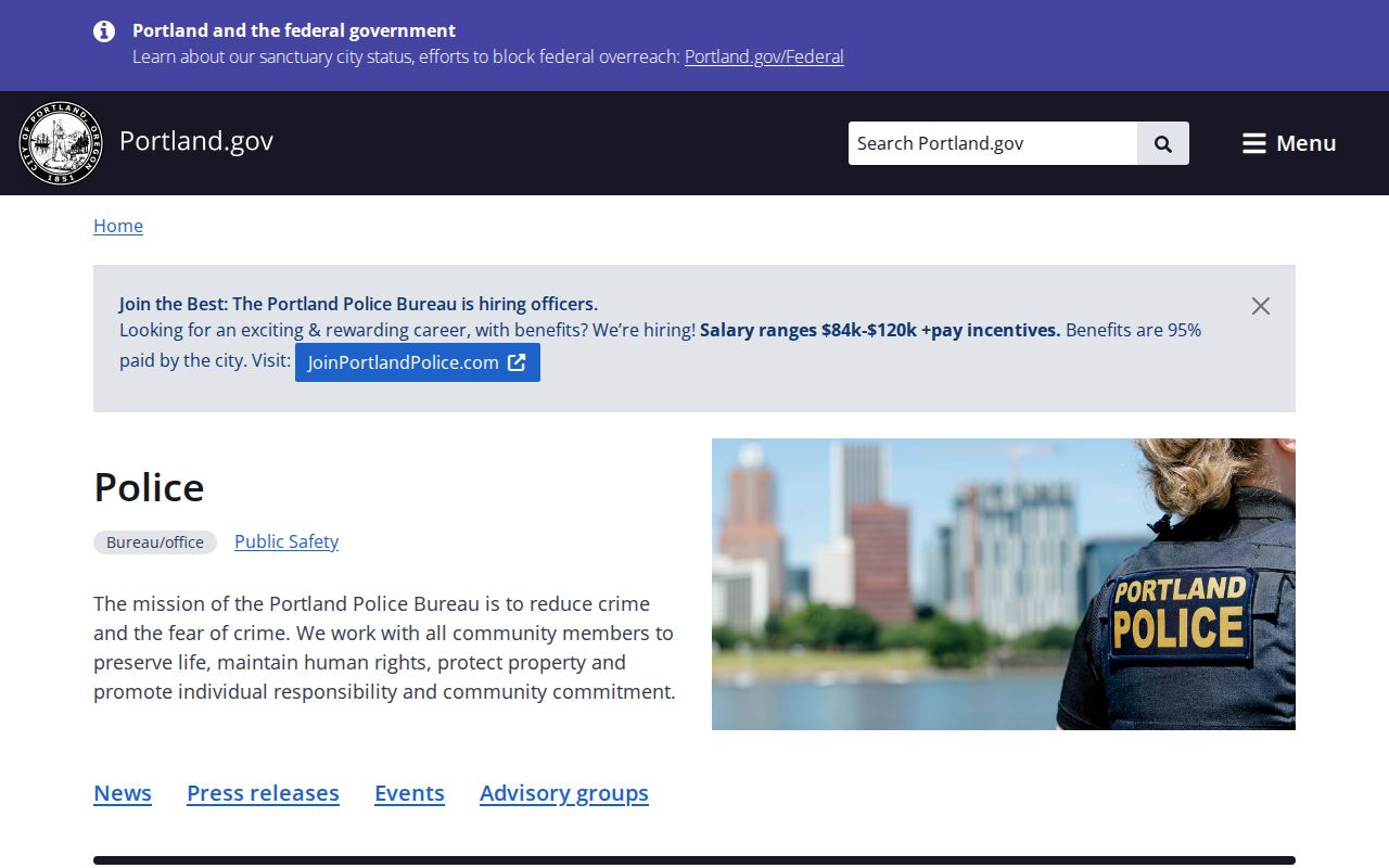 Multnomah County Portland criminal history and Police Bureau records page